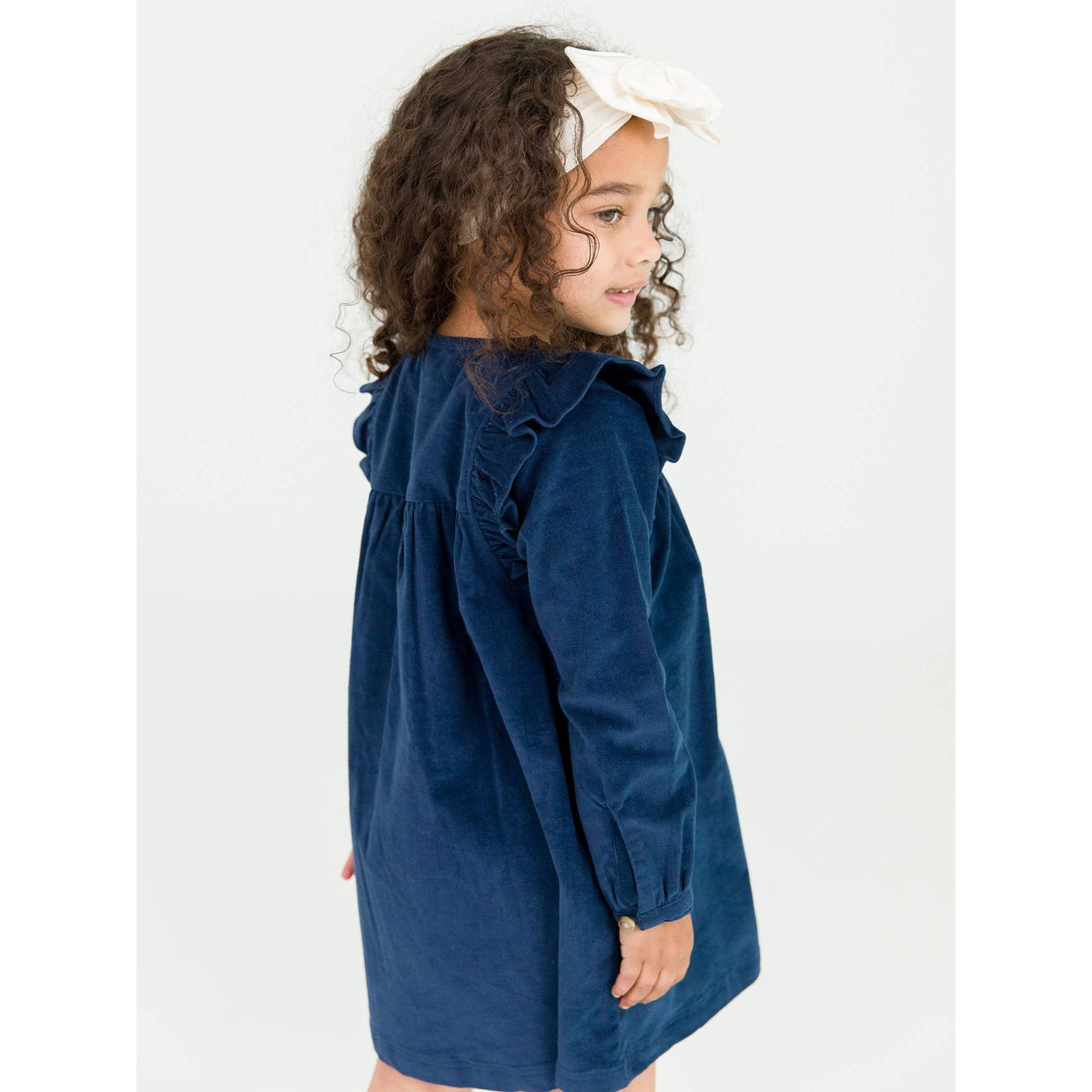 Girls Dark Navy Stretch Corduroy Ruffle Detail Dress