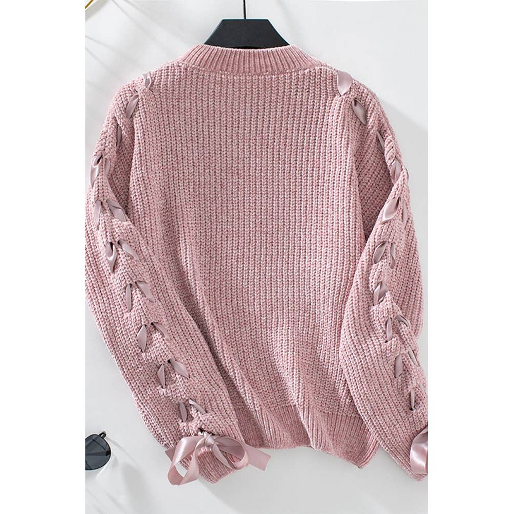 Lace Up Bowknot Round Neck Knitting Sweater ZK2469
