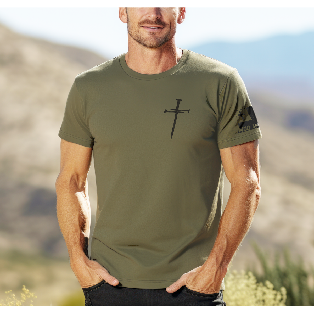 Three Nails Christian Graphic Tee - Heather Mil. Green