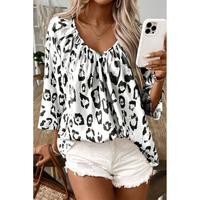 Leopard Print Ruched V Neck 3/4 Sleeve Blouse