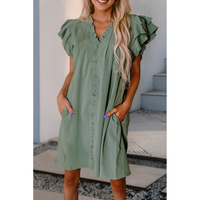 Green Ruffle Sleeve V-Neck Frilled Shift Dress