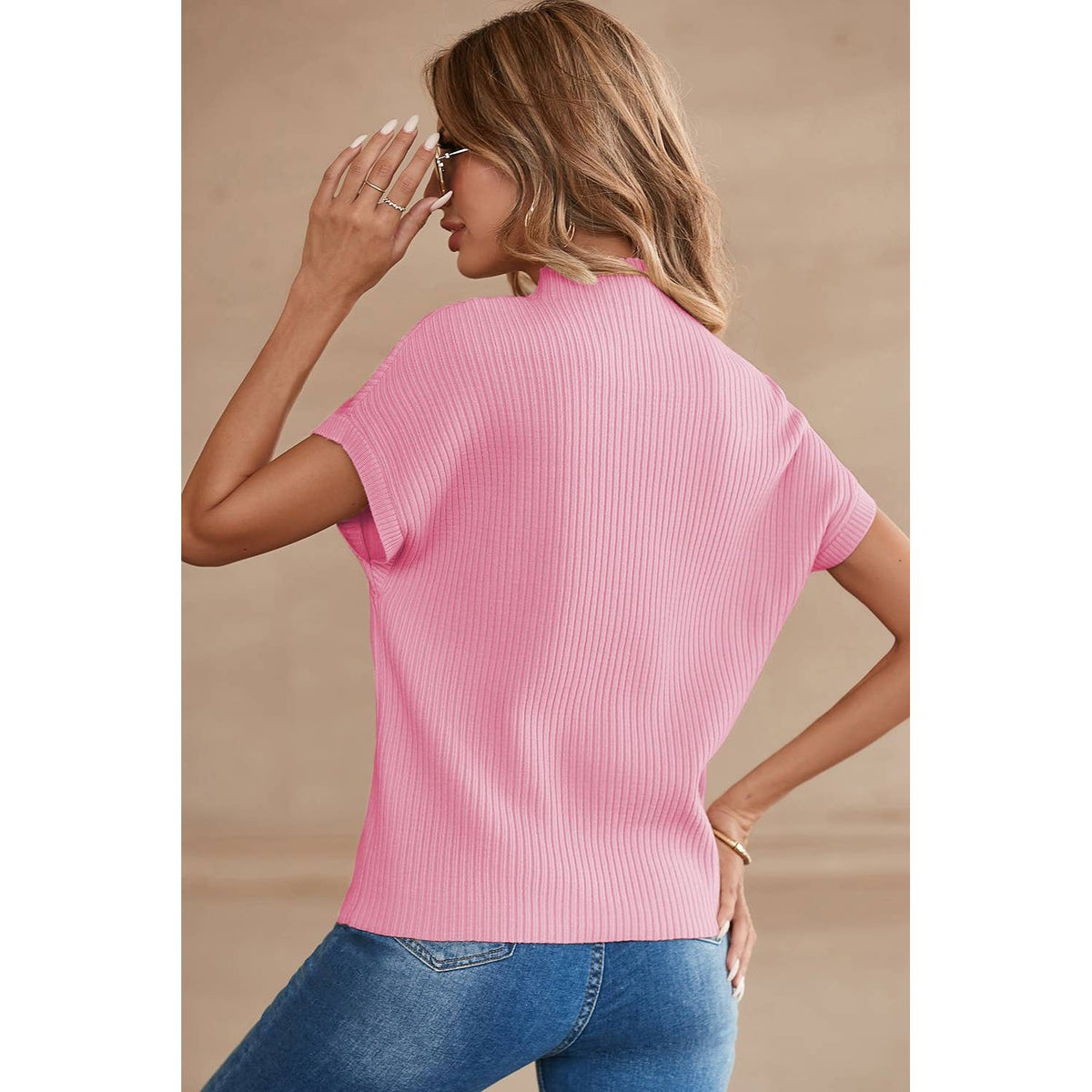 Pink Patch Pocket Ribbed Knit Short Sleeve Sweater