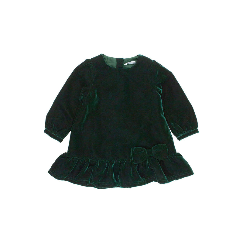 Girls Dark Hunter Green Velvet Long Sleeve Drop Waist Dress