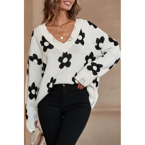 Beige Floret Knitted V Neck Distressed Sweater