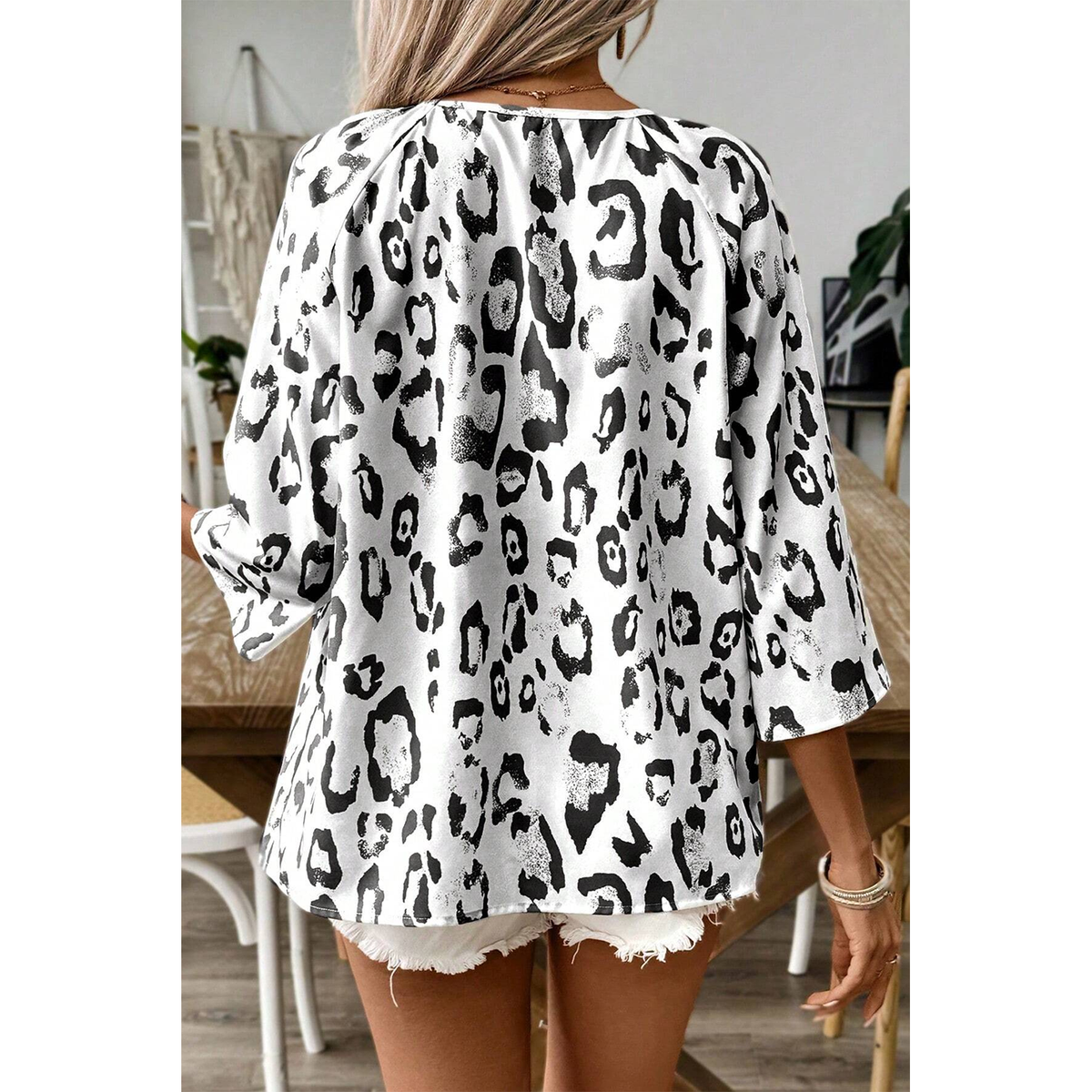 Leopard Print Ruched V Neck 3/4 Sleeve Blouse