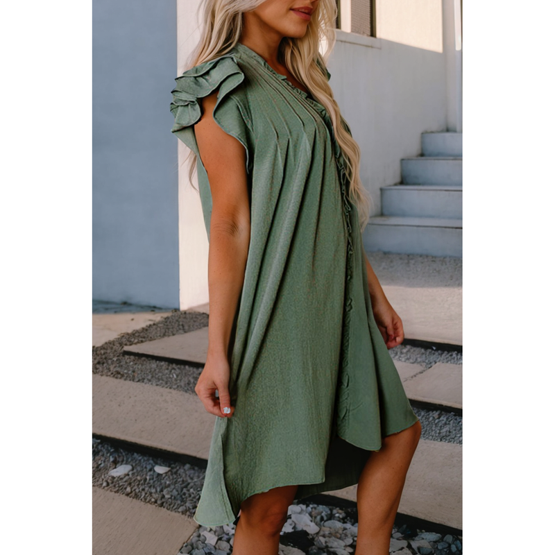 Green Ruffle Sleeve V-Neck Frilled Shift Dress