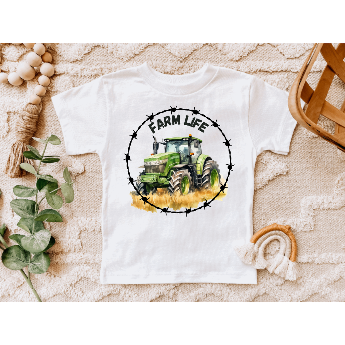 Farm Life Red Tractor with Barb Wire Youth Kids Tee Shirt