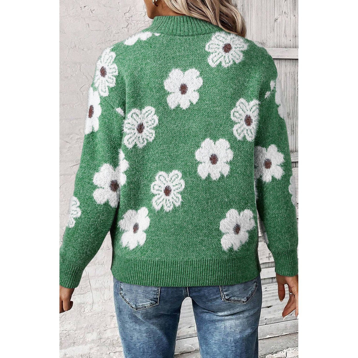 Women's Floral Pattern Half Zip Drop Shoulder Sweater