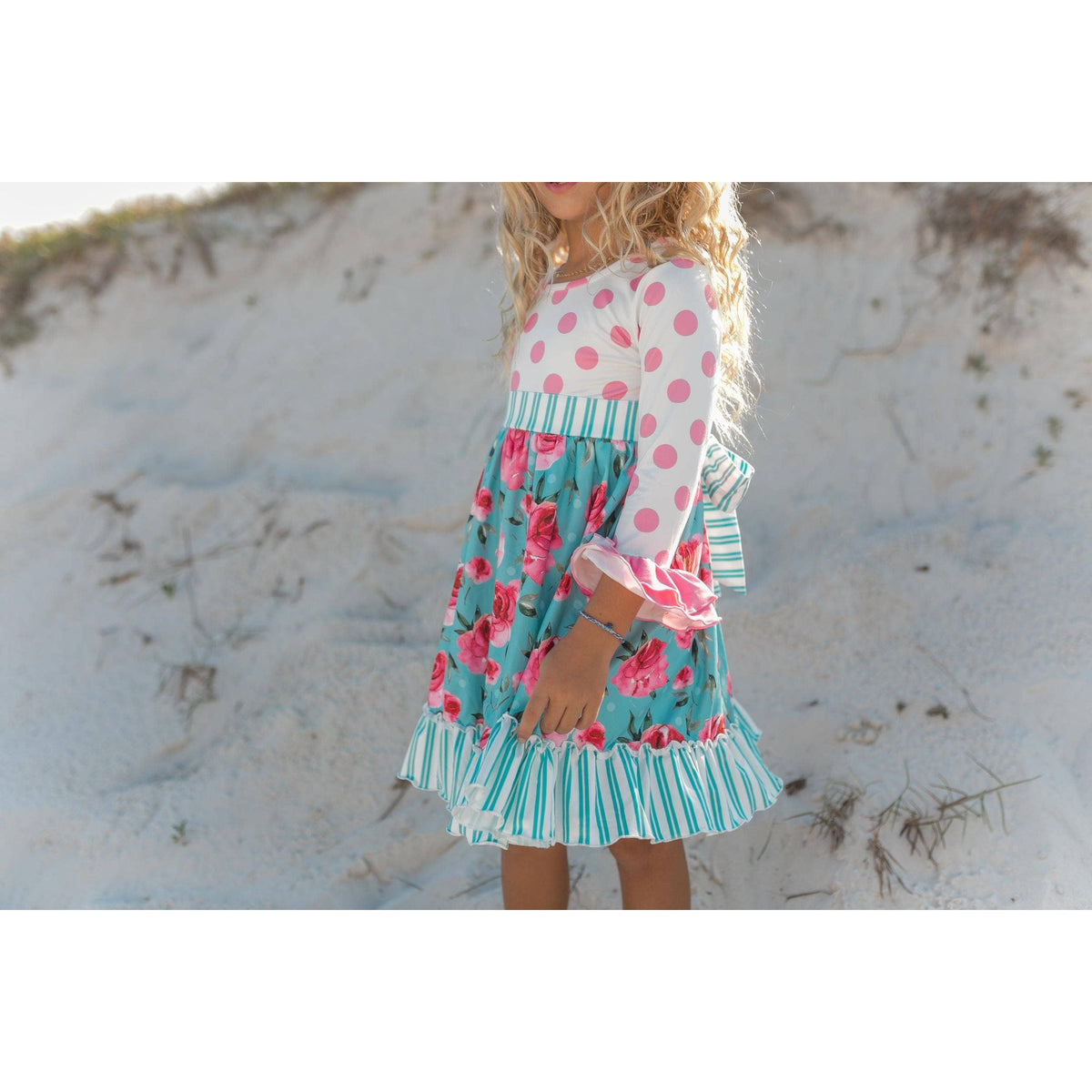 Kids Pink & Teal Floral Polka Dot Ruffle Twirl Dress