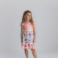 Girls Peach & Green Floral Gingham Spring Summer Ruffle Dress