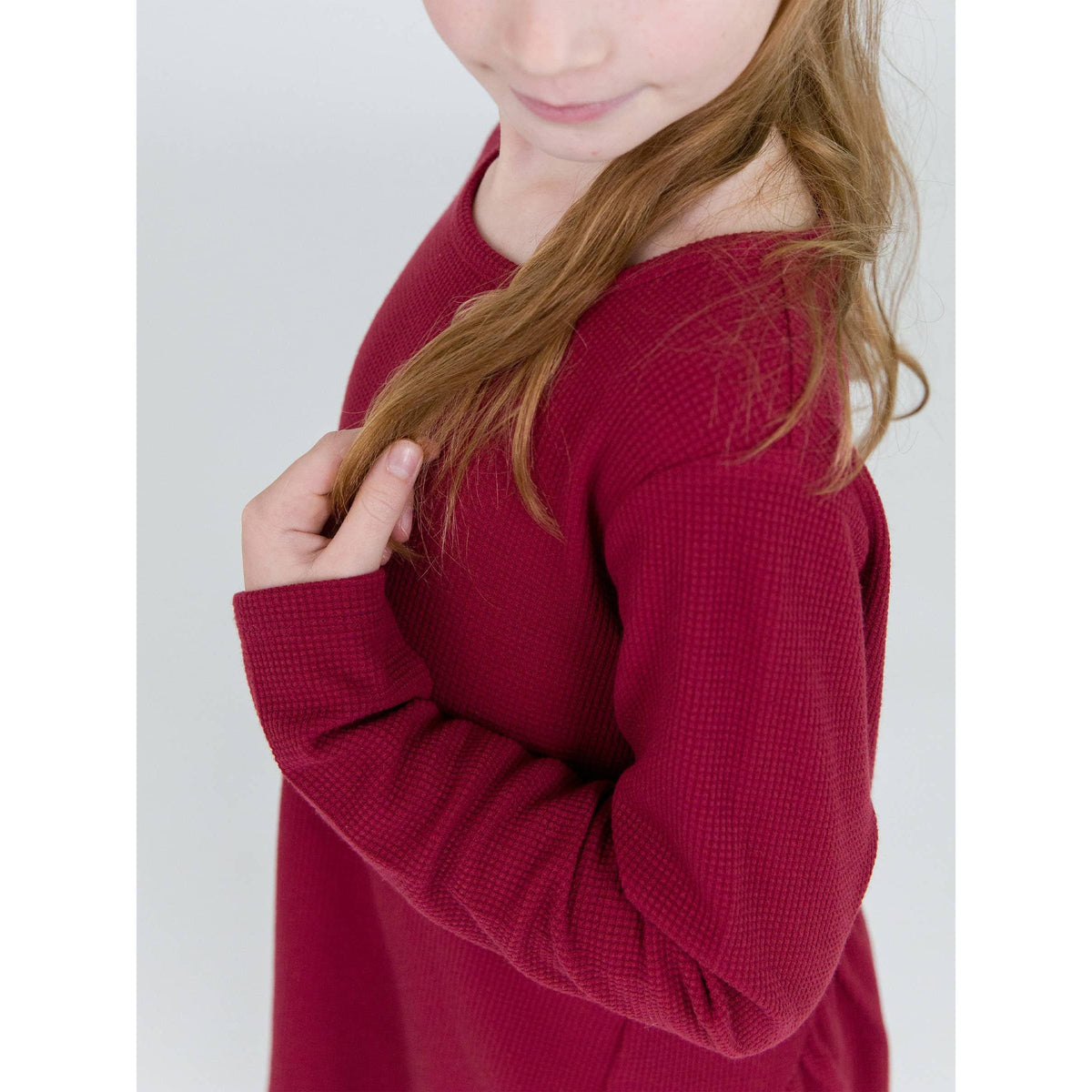 Girls Dark Cherry Waffle Knit Long Sleeve Bow Back Top