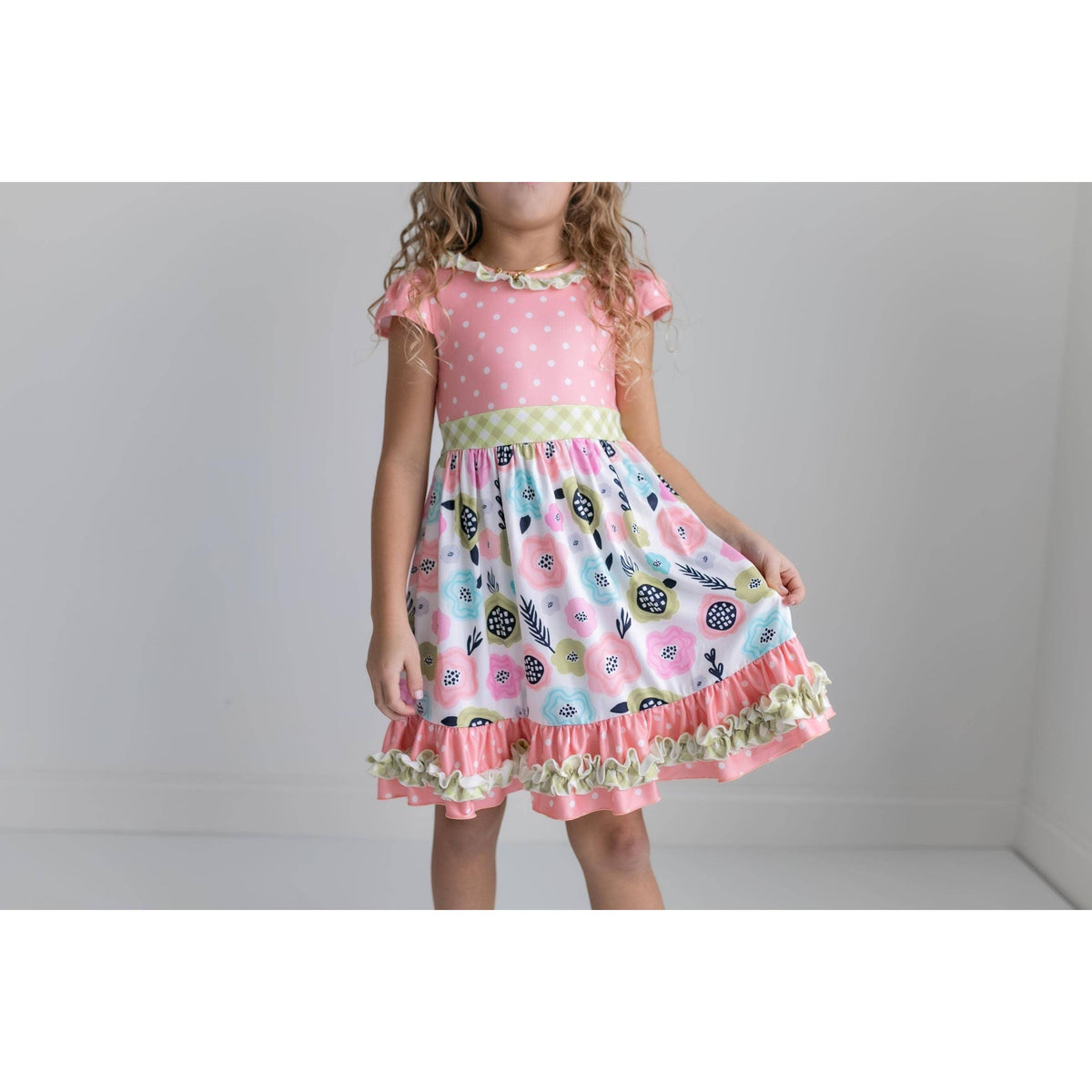 Girls Peach & Green Floral Gingham Spring Summer Ruffle Dress