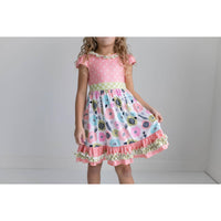 Girls Peach & Green Floral Gingham Spring Summer Ruffle Dress