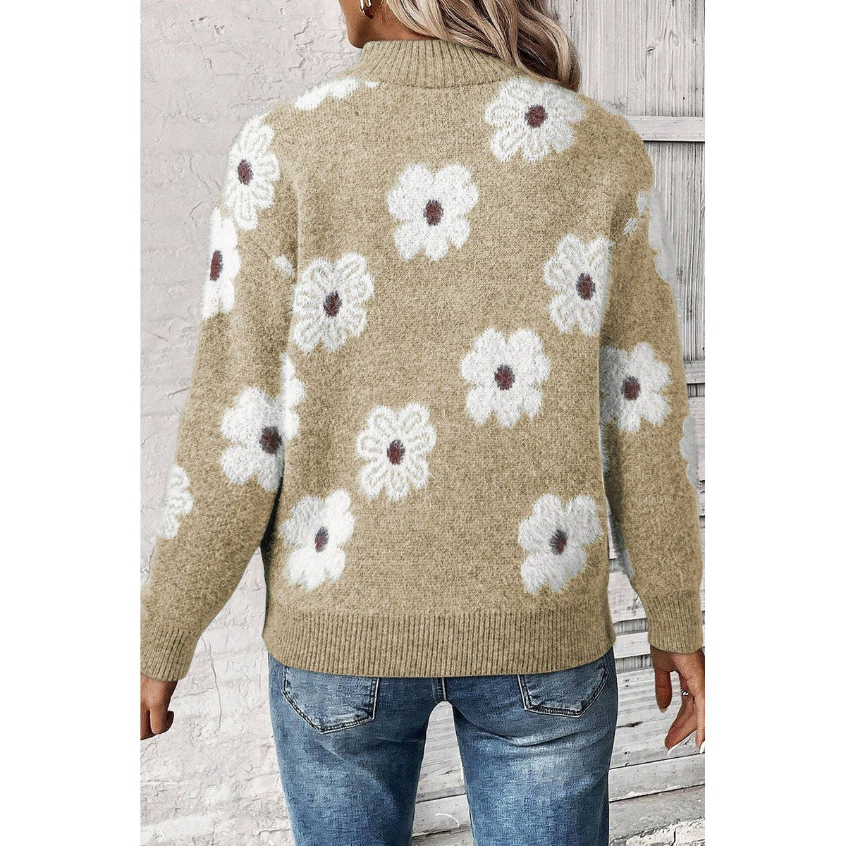 Women's Floral Pattern Half Zip Drop Shoulder Sweater