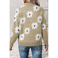 Women's Floral Pattern Half Zip Drop Shoulder Sweater