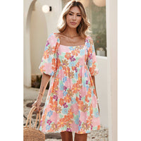 Pink Summer Floral Square Neck Puff Sleeve Babydoll Dress