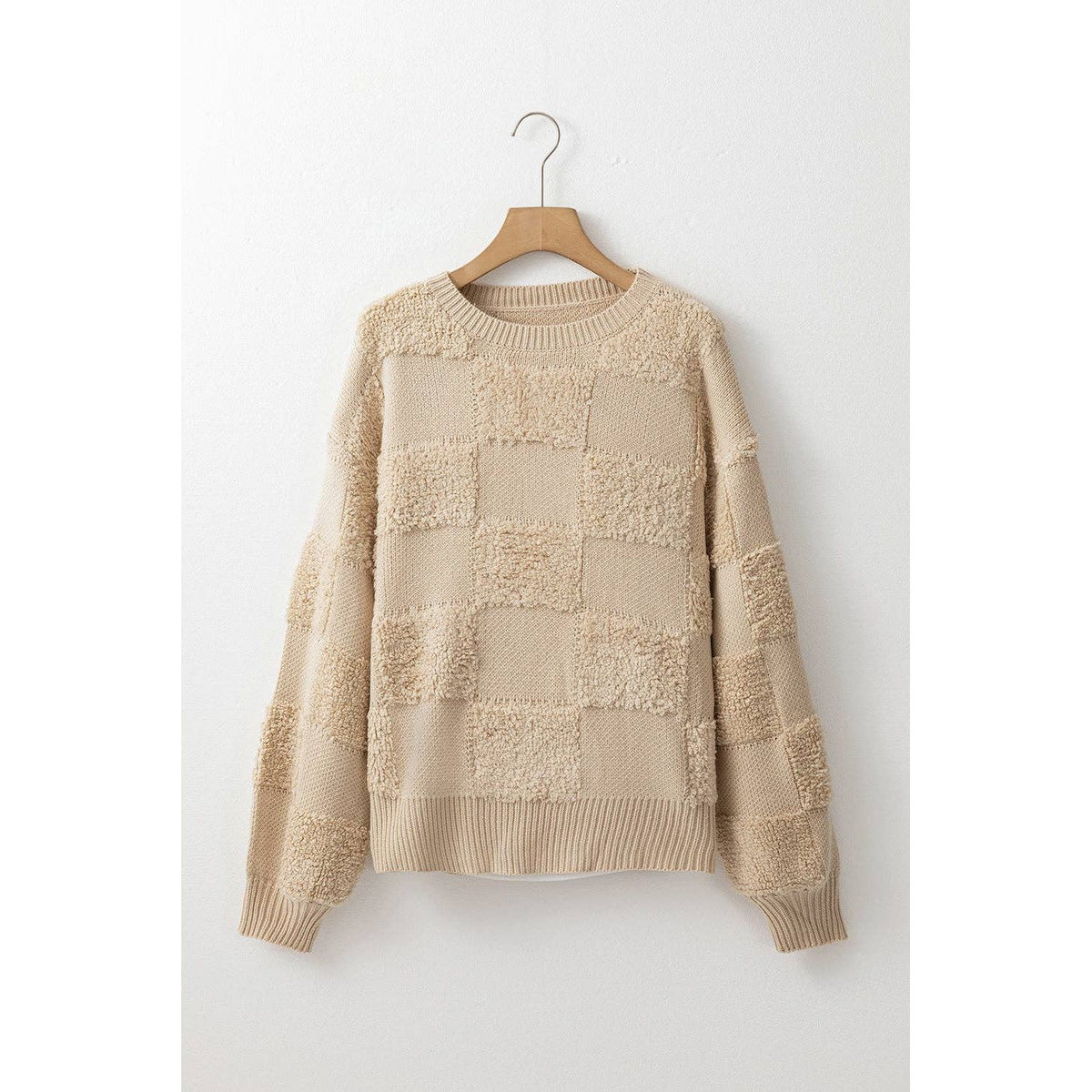 Parchment Checkered Sherpa Crew Neck Loose Sweater