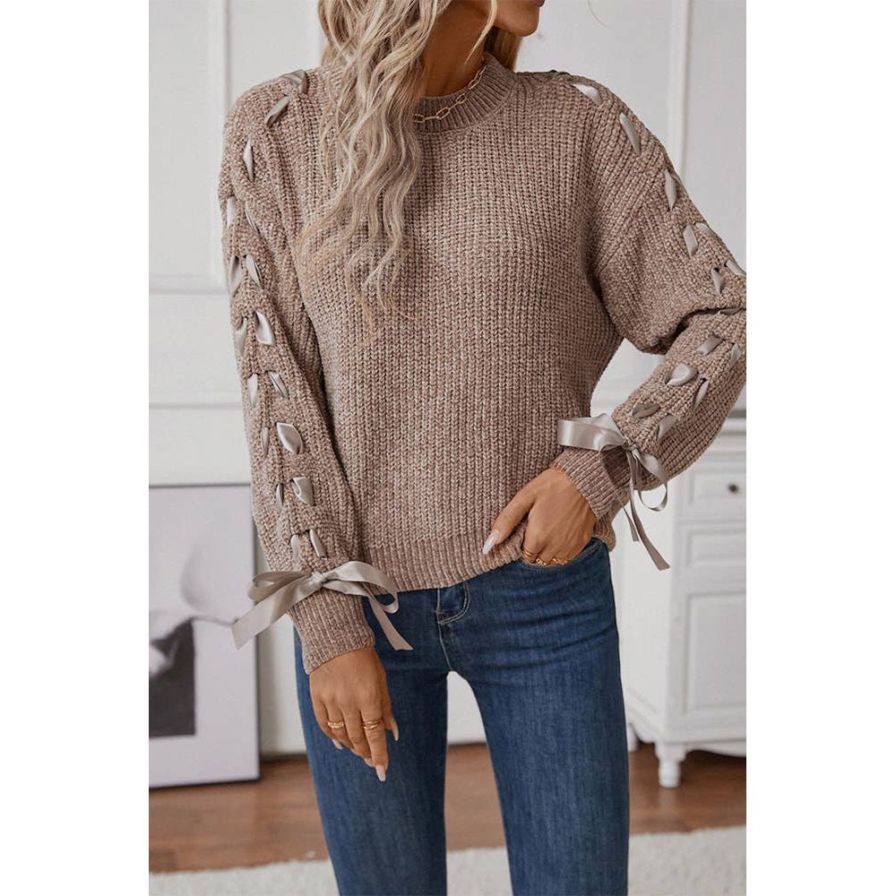 Lace Up Bowknot Round Neck Knitting Sweater ZK2469