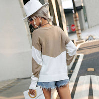 Khaki Casual Crewneck Patchwork Pullover Knit Sweater