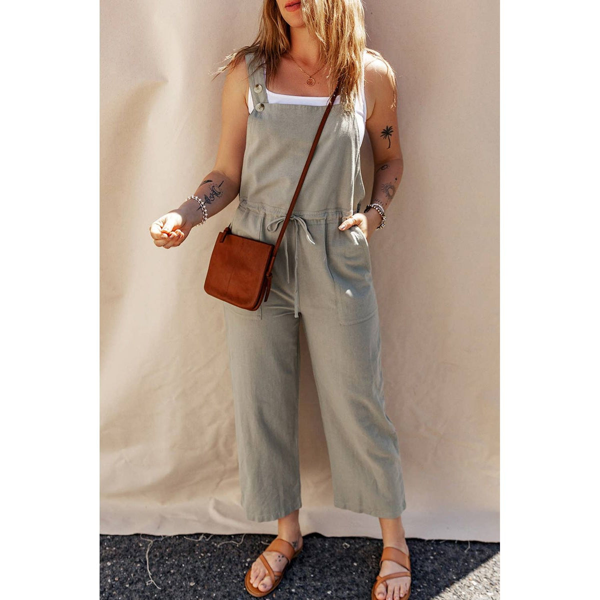 Green Drawstring Buttoned Straps Cropped Overall