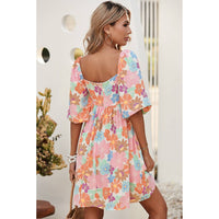 Pink Summer Floral Square Neck Puff Sleeve Babydoll Dress