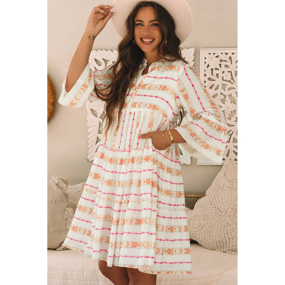 Orange Bohemian Printed Bracelet Sleeve Slit Neck Ruffled Loose Dress