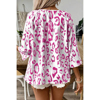 Leopard Print Ruched V Neck 3/4 Sleeve Blouse