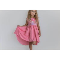 Girls Pink Purple Retro Daisy Hi-Lo Flutter Sleeve Dress