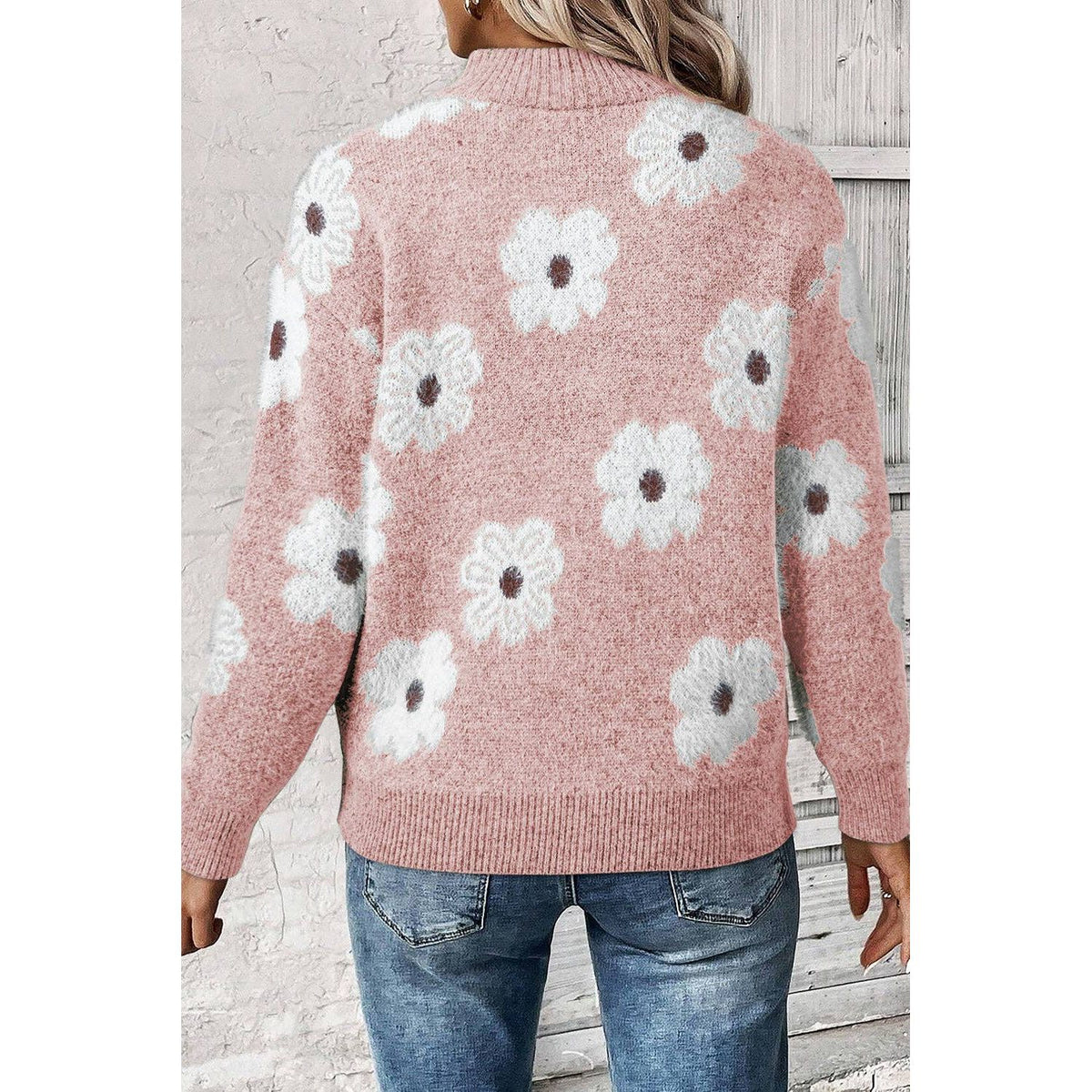 Women's Floral Pattern Half Zip Drop Shoulder Sweater