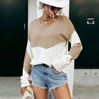 Khaki Casual Crewneck Patchwork Pullover Knit Sweater