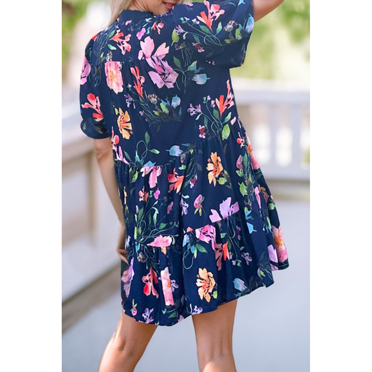 Floral Short Bubble Sleeve Button Mandarin Collar Dress