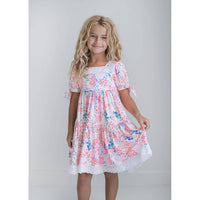 Girls Pink & Blue Lace Tiered Square Neck Spring Easter Dress