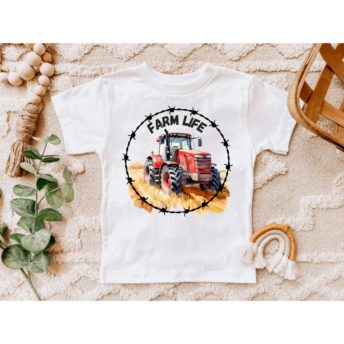 Farm Life Red Tractor with Barb Wire Youth Kids Tee Shirt