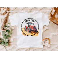 Farm Life Red Tractor with Barb Wire Youth Kids Tee Shirt