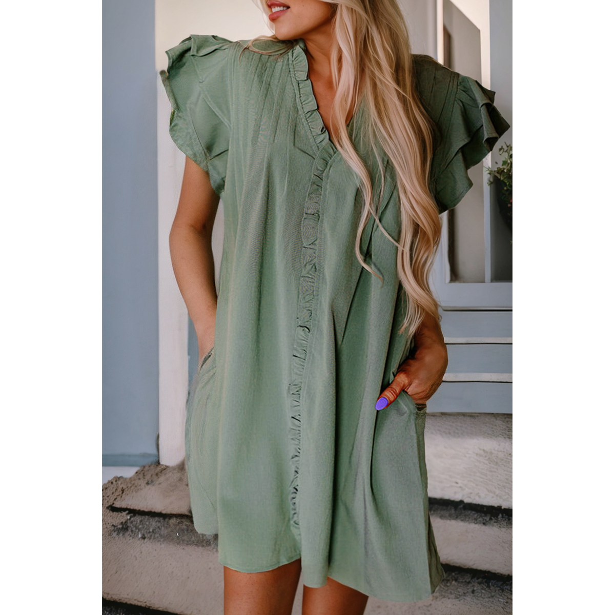 Green Ruffle Sleeve V-Neck Frilled Shift Dress