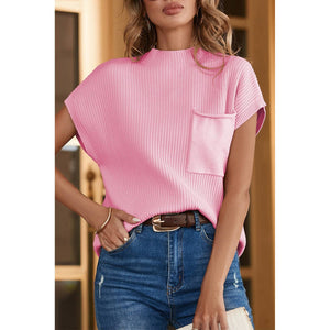 Pink Patch Pocket Ribbed Knit Short Sleeve Sweater