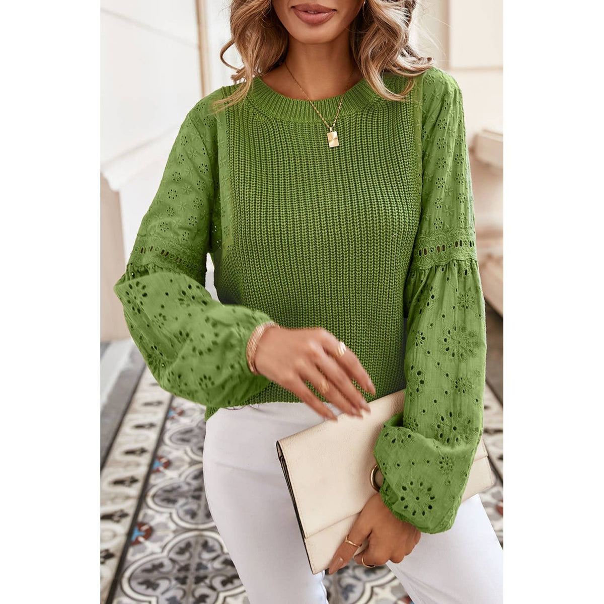 Green Eyelet Drop Shoulder Patchwork Pullover Sweater