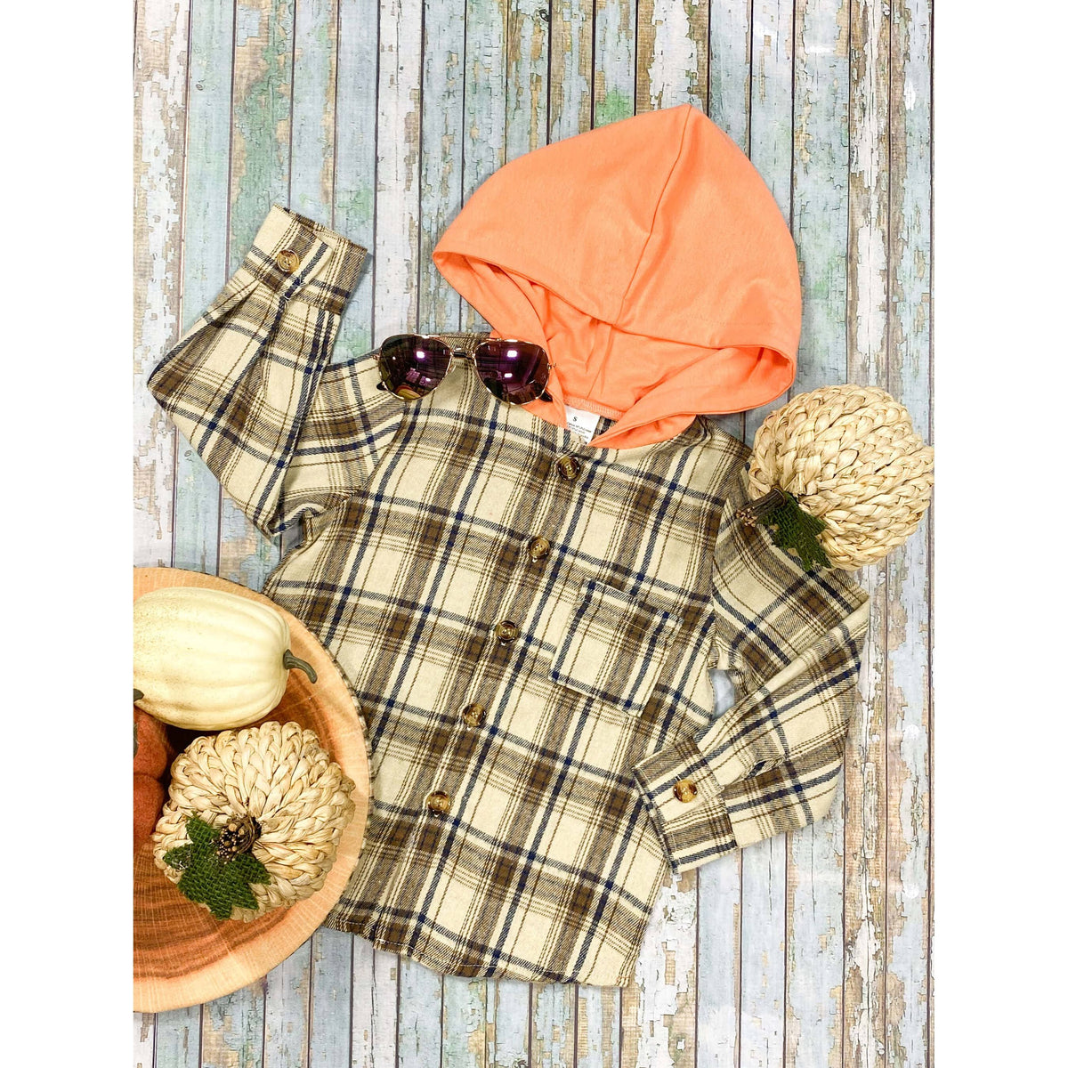 Boys Brown Plaid & Orange Hooded Top