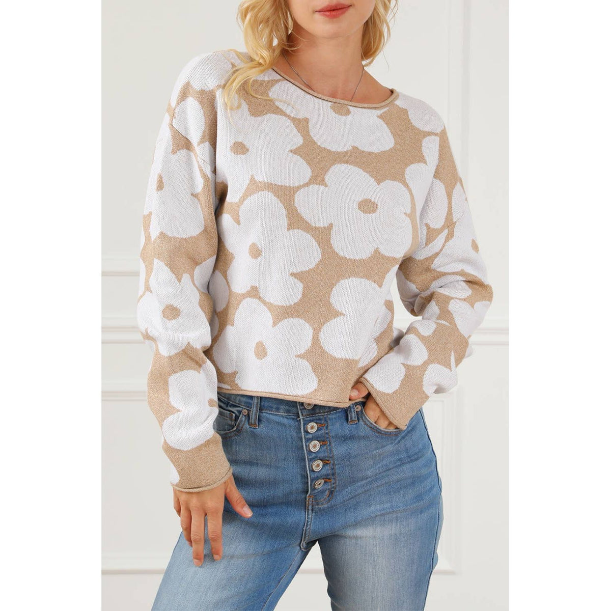 Light French Beige Flower Pattern Cropped Sweater