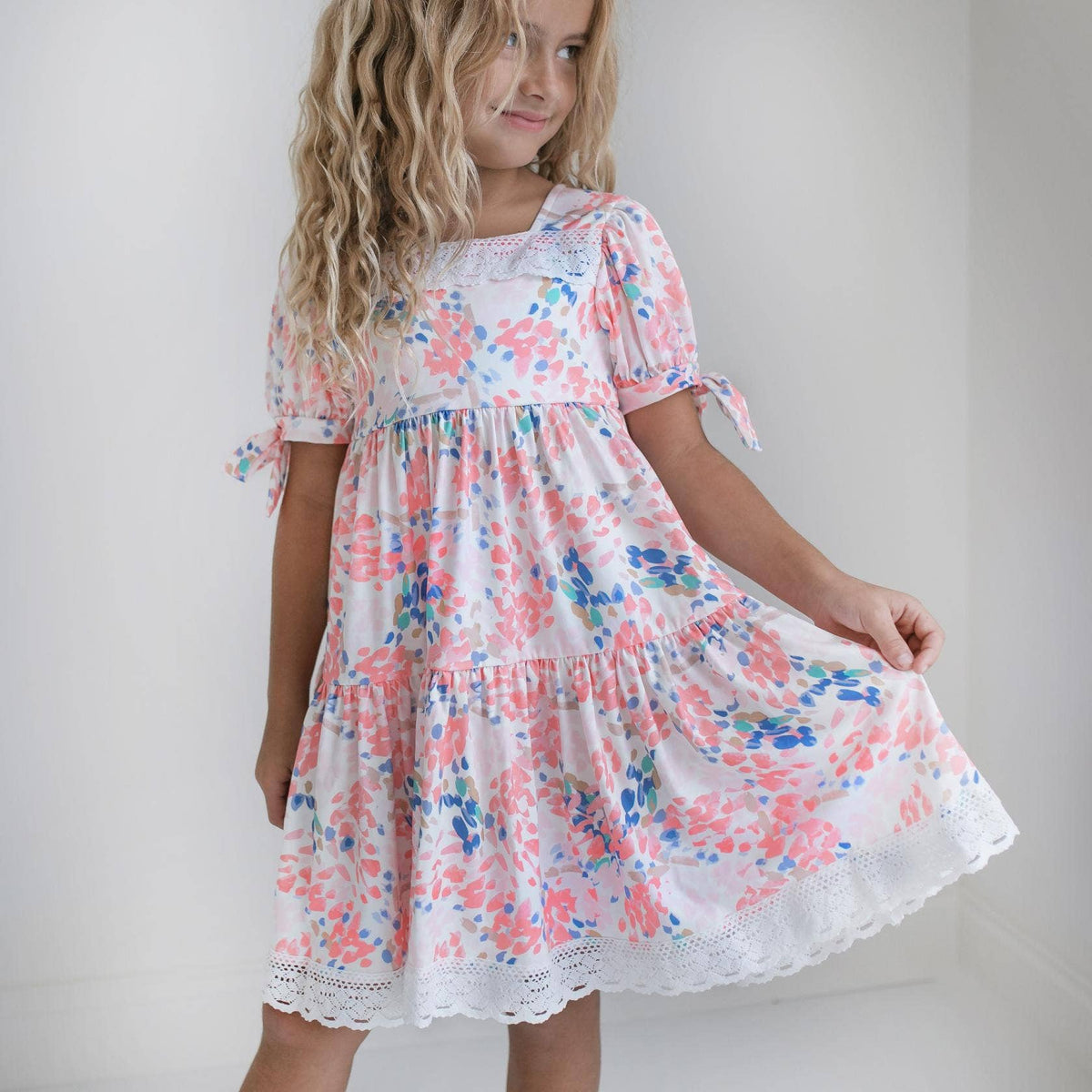 Girls Pink & Blue Lace Tiered Square Neck Spring Easter Dress